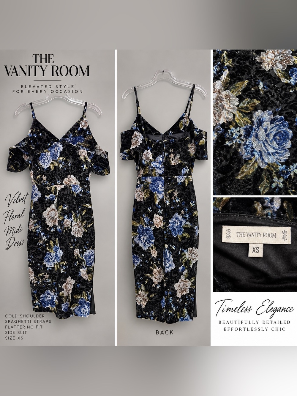 The Vanity Room XS Black Floral Velvet Cold Shoulder Bodycon Midi Dress